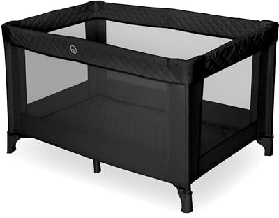 My Babiie Travel Cot - Lightweight, From Birth to 15kg, Easy Fold & Compact, Travel Bag, 120cm x 60cm Padded Mattress - Quilted Black