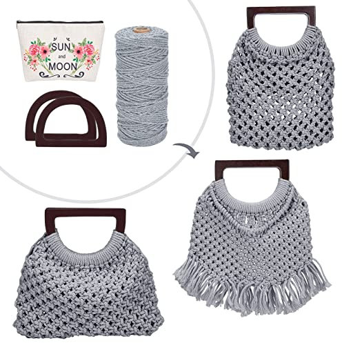 WEBEEDY Makramee Tasche DIY Kit Für Erwachsene Anfänger Boho Makramee Handtasche Mit Holzgriff Handgefertigte Strandtasche Kit Für Frauen/Mädchen Starter DIY Bastelzubehör Set (Grau)