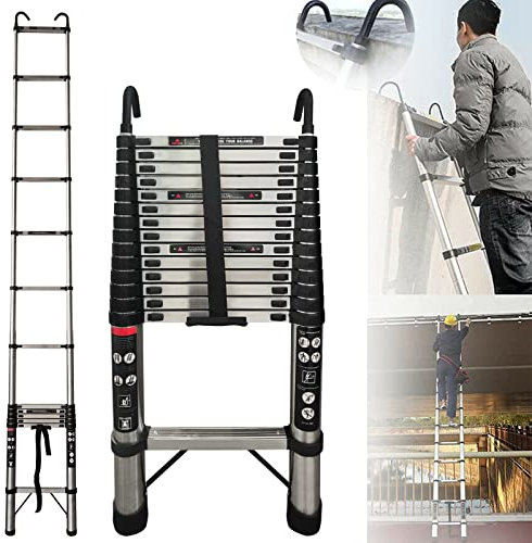 5m Telescopic Ladder 16.4ft Extension Ladder with Detachable Hooks, Multi-purpose Anti-slip Folding Ladder Lightweight Portable Extendable Loft Ladder Rv Ladder, Collapsible Ladder, 330 Pound Capacity