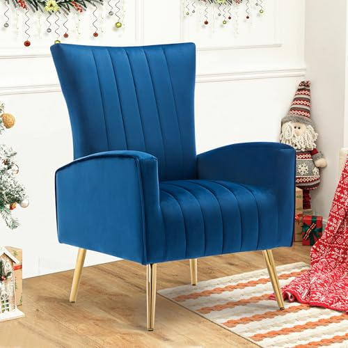 LSSPAID Velvet Accent Chairs Set of 1, Modern Fabric Upholstered Living Room Chairs Armchairs with Wing Back and Metal Legs, Navy Blue