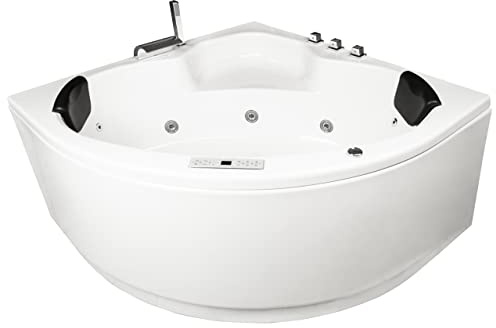 Basera® PREMIUM Indoor Eck-Whirlpool Badewanne Maui (130 x 130 cm) | 21 Massagedüsen, Heizung, Ozongenerator, Bodenansaugung, Wasserfall, LED-Ambiente, Touchpanel, Bluetooth, Radio