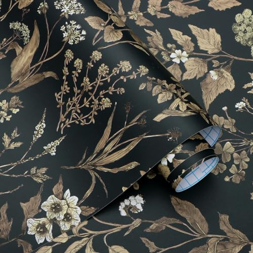 Fiula Self Adhesive Wallpaper Floral Leaf Sticky Back Plastic Wallpaper Gold and Black Vinyl 44CM x 6M Botanical Decorative Peel and Stick Wallpaper Removable for Wall Furniture Living Room Bedroom