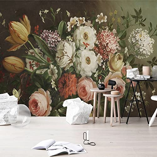 Sedomax Benutzerdefinierte Wandtapete Handgemalte Retro-Nostalgie im europäischen Stil 3D-Blumenfresko Wohnzimmerhintergrundwand 450cm(W)×300cm(H)
