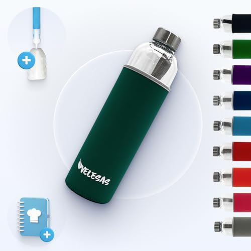 Velesas Botella 1l | 500ml con funda protectora | Botella de cristal de 1l de neopreno y tapa de acero inoxidable | Botella de agua para la escuela, las actividades deportivas, sin BPA | Verde