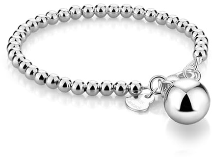 Dankadi Bracelet de Perles pour Femme en Argent 925 Large de 4MM 6MM Sans et Avec Pendentif Coeur, Long 13-21CM Doré Or Rose Cadeau Fête Maman Homme