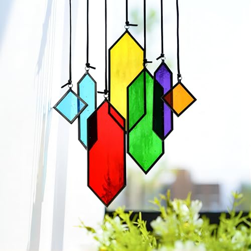 HDCRYSTALGIFTS Set 7 Sun Catchers Stained Glass Decor,Stained Glass Window Hanging Suncatchers with Hooks Rainbow Maker for Home Indoor Garden Decor,Gifts for Women