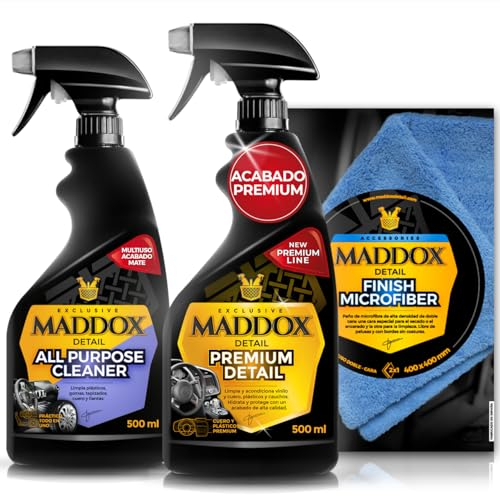 Maddox Detail - Kit Completo de Limpieza y Mantenimiento para Coche | Limpieza Profesional y Brillo Interior/Exterior de Coche | 2 en 1 Premium Detail + All Purpose Cleaner + Multi-Use Microfiber