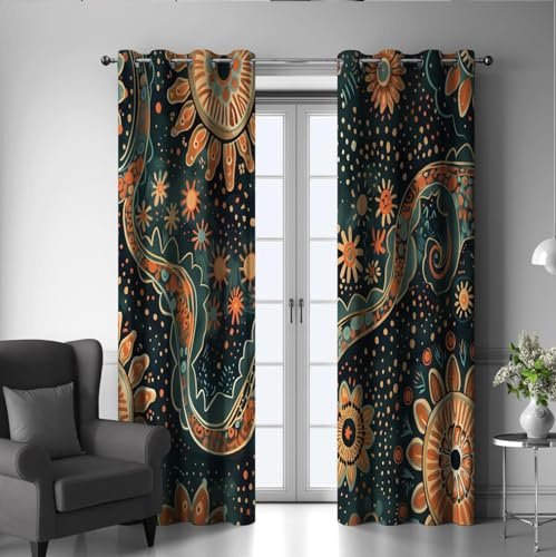 LANDOCROWN Retro Grüner Vorhang Vintage Bunte Blumen Drucke Fensterbehandlungen Ring Top Weicher Vorhang für Schlafzimmer Wohnzimmer Dekor 2X B107 x H214 cm
