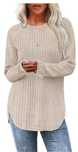 Aokosor Long Sleeve Tops Womens Tops Ladies Lightweight Sweatshirt Curved Hem Tunic Shirt Beige Size 18-20