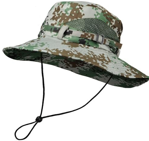 TOUTACOO, Chapeau de Soleil Camouflage à Large Bord, Homme, Femme, Anti-UV, réglable, Pliable, Chapeau de Brousse, Jungle, Safari, Motif Militaire (03-Camouflage Pixels Vert/Marron)