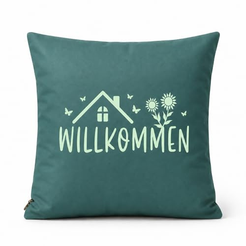 MyOma Outdoor Kissen wasserabweisend 45x45 cm Petrol, Aufdruck Willkommen | Wetterfester Kissenbezug in türkis für Draussen - Deko Kissen aus Polyester ohne Füllung - stilvoll & modern