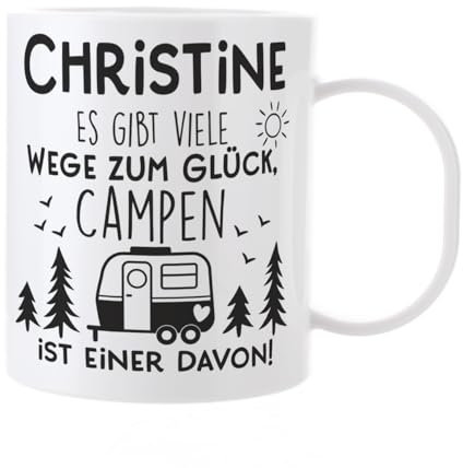 Herz & Heim® Kaffeetasse - Camping- aus Kunststoff mit Namen (Es gibt viele Wege zum Glück)