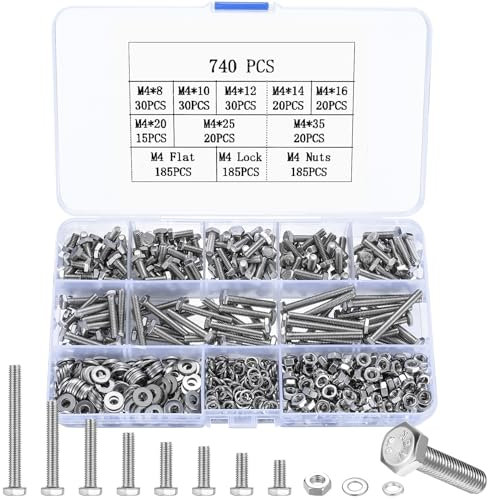 740 Pcs M4 Bolts and Set, M4 Hex Bolts Sets, Metric Assorted Nuts and Screws Assortment, Hexagon Machine Screws and Nuts and Flat Washers & Lock Washers