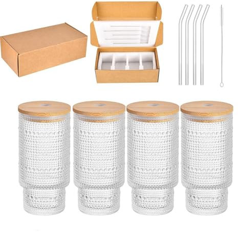 Jarsense 4 vasos con tapas de bambú y popotes, vasos de café de vidrio de 320 ml para jugo, café, whisky, cerveza, cócteles (lunares)