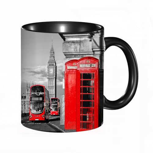 EKLMPS Becher aus Keramik, Ideal als Geschenk, Hochwertiger Aufdruck, Tasse mit Motiv, Tee Becher, Coffee Cup, 330ml,Londoner Telefonzelle auf der Straße. Traditionelle lokale kulturelle Ikone England