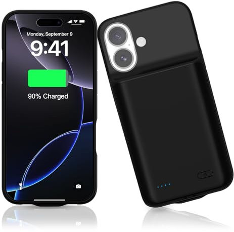 HUOBAO Battery Case for iPhone 16 (6.1 inch), 7000mAh Portable Powerbank Charger Charging Case 15W Ultralight Smart Rechargeable External Battery Pack for iPhone 16, Black