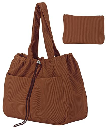 Gluckstar Tote BagDamen, Groß Shopper Tasche, Cord Tasche Damen Schultertasche, Beuteltasche Uni Cordtasche, Stoff Tasche Cord Tragetasche, Große Handtasche für Schule und Alltag (Braun)