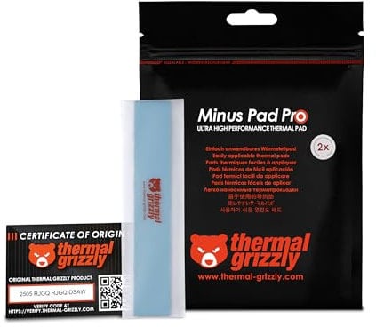 Thermal Grizzly Minus Pad Pro - Confezione da 2 cuscinetti di interfaccia termica, 120 x 20 x 1,0 mm, elettricamente non conduttivo, alta conducibilità termica e comprimibilità per SSD, GPU ed