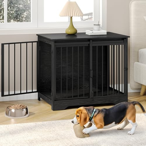 Mueble de jaula para perros de 81 cm con puerta de granero, perrera resistente para interiores con 2 puertas, mesa auxiliar de madera para perros pequeños y medianos de hasta 20 kg, antimasticación y