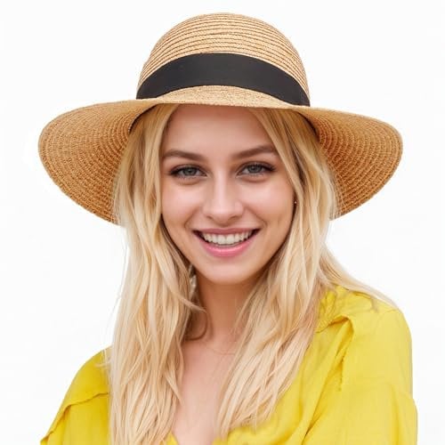 SEFIRST Chapeau de Paille Femme, Femmes Chapeaux de Soleil UPF 50+, Pliable Été Large Bord Chapeau de Paille Anti-UV pour Plage Voyage, Kaki