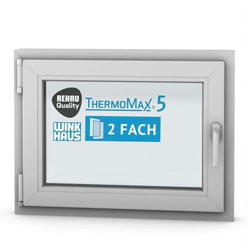 ThermoMax 5 Classic Kunststoff-Fenster, Uw-Wert 1,4, BxH: 80x60cm / 800x600mm, DIN links (Griff rechts), mit 2-fach Wärme-Isolier-Verglasung, Winkhaus Sicherheitssystem & Rehau Profil