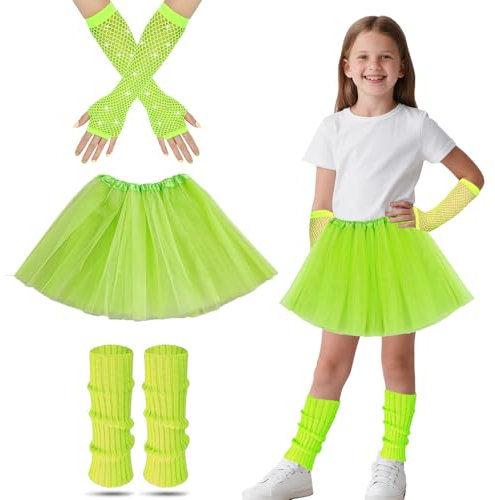 Neon Tutu and Leg Warmers Kids, 80s Fancy Dress for Kids With Green Leg Warmers Tutu Skirt Neon Fishnet Gloves 80s Fancy Dress 1980s Theme Party Costume Accessories Set for Girls (Green)