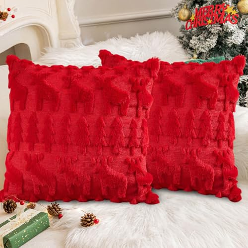 2 Stück Kissenbezug Weihnachten, Rot Weihnachtsdeko kissenbezug, Weihnachtskissen Samt,Weihnachtskissen,Weihnachtsdeko Innen Kissenbezüge,Christmas Kissenbezugs für Sofa Wohnzimmer Schlafzimmer