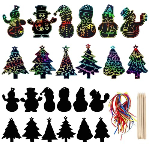 Weihnachten Kratzbilder für Kinder 48 Stück Regenbogen Scratch Art Set Kratzpapier zum Bastel Weihnachtsbaum Scratch Art Mit 24 Holzstiften Und 48 Bunte Bändern Für DIY Weihnachtsschmuck