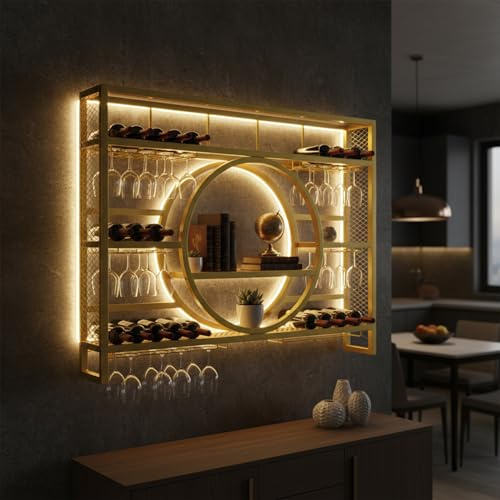 GWPGJW Weinregal Wand Metall, Bar Regal mit Weingläserhalter - Modernes Weinflaschenregal für Küche, Esszimmer, Home Bar und Restaurant, Wandmontage (Gold, 140cm)