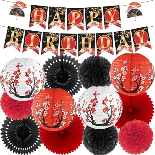 Hibachi Party Birthday Decorations Supplies - 14 Pcs Lanterns Decor Set | 14 Pcs Red Black Japanese Lanterns Cherry Blossom Decor for Chinese Japanese Anniversary