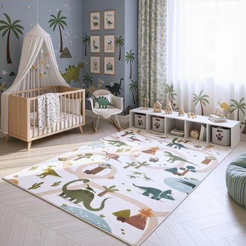 SIMPEX Kinderteppich Dinosaurier Spielteppich für Kinderzimmer in Creme Dino Motiv mit Straßen Größe 80x150 cm ideal für kleine Spielbereiche