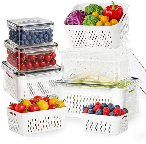 zxevg Fruit Storage Containers 5 Pack with Colander | Reusable boxes with airtight lids & colander. For fridge, kitchen & pantry. Meal prep & snack storage.