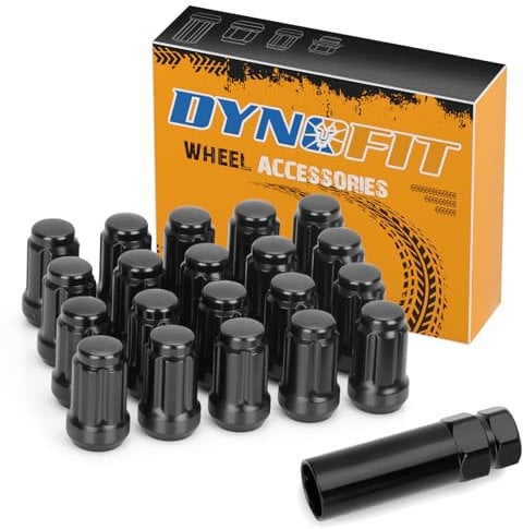 dynofit 1/2x20 Wheel Lug Nuts, 20 x Black Chrome 1/2''-20 Aftermarket Lug nut with 1 Key, 60 Degree Conical/Cone Bulge Seat, 6 Spline Lugnuts 1.38 Tall 3/4 Hex for 5 Lug Tuner Rims Trailer