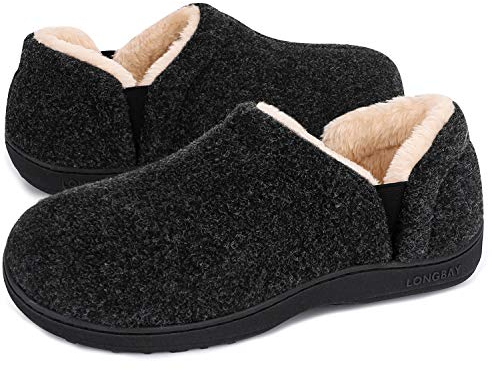 LongBay Men's Warm Memory Foam Slippers Home House Indoor Outdoor Anti-Slip Winter Shoes, 12/13 UK, Black