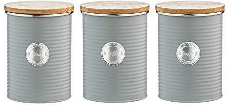 Typhoon Living Airtight Set of 3 Tea Coffee & Sugar Storage Canister Jars with Lid, Grey, 1 Litre
