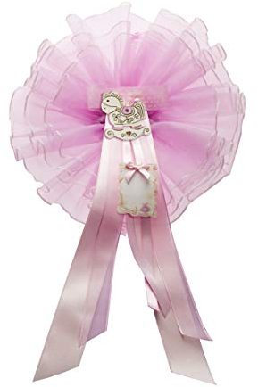 Coccarda Nascita con nastri in raso pergamena e applicazione di code, Resina Cavallo Rosa Bambina