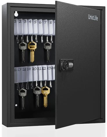 Uniclife 60 Position Slotted Key Cabinet with Combination Lock, Black Digital Security Storage Box, Steel Key Organizer