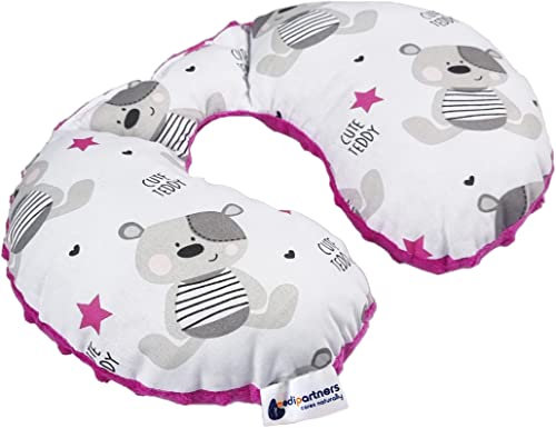 Medi Partners Nackenkissen Kinder Nackenhörnchen Auto Flugzeug Baby - 100% Baumwolle/Minky Nackenstütze Kopfstütze Kindersitz Autositz Nackenrolle Kissen (Teddybär mit dunkelrosa Minky)