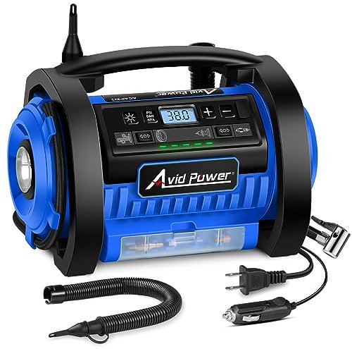 AVID POWER - Compresor de aire portátil para neumáticos, bomba de neumático de coche de 12 V CC / 120 V CA, bomba de colchón de aire con modos de inflado y desinflación, motores dobles y potentes,