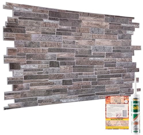 NOVECRAFTO Slim Stone Design 3D Wall Panels - 37.79 x 18.89 in (96x48cm) -4 Sheets Covering 19.84 sqft (1.84 sqm) - Moisture-Resistant PVC Plastic Cladding - Grey Slim Stone Brick Effect Pattern