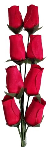 Homestreet Wooden Roses In Many Colours - 8 Single Rose Bud Stems Tied In A Bunch - Quality Small Flower Display (Red)