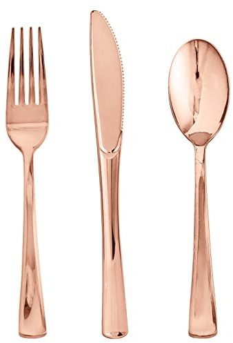 FOCUSLINE 75 Pack Rose Gold Plastic Silverware, Disposable Cutlery Set