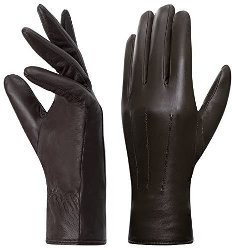 Harssidanzar Lederhandschuhe für Damen, Winter Warm Fleecefutter Touchscreen Vintage Finished GL018EU,Braun, Größe S