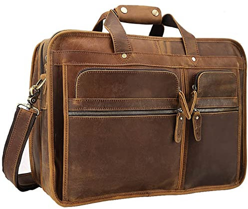 Herren Laptoptasche Arbeitstasche Handtasche, Männer Echtes Leder Laptoptasche 17Inch Business Aktenkoffer Multi Pocket Tote Umhängetasche Große Kapazität Handtasche mit Trolley Gurt Laptop Businessta