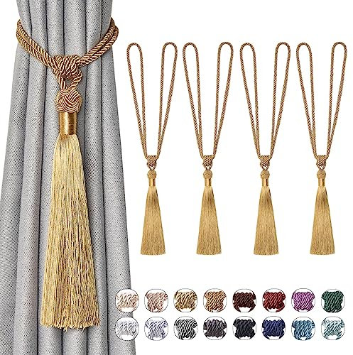 Pretty Jolly Langen Quasten Vorhang-Raffhalter Handmade geflochtene Seil Knoten drapierte Raffhalter Elegante dekorative Vorhanghalter für Zuhause und Büro, Bronze, 4 Stück