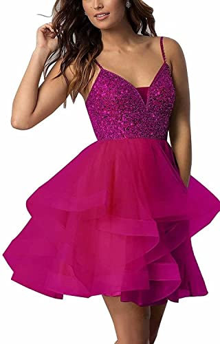 N/ C Delle donne Spaghetti Strap Tulle Paillettes Abiti Homecoming per Junior Organza a più livelli Breve Prom Party Abiti da cocktail, Fucsia, 46