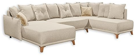 PAMPLONA Wohnlandschaft in U-Form, Beige - Ausziehbares Sofa mit Schlaffunktion und Bettkasten - 338 x 91 x 212 cm (B/H/T)