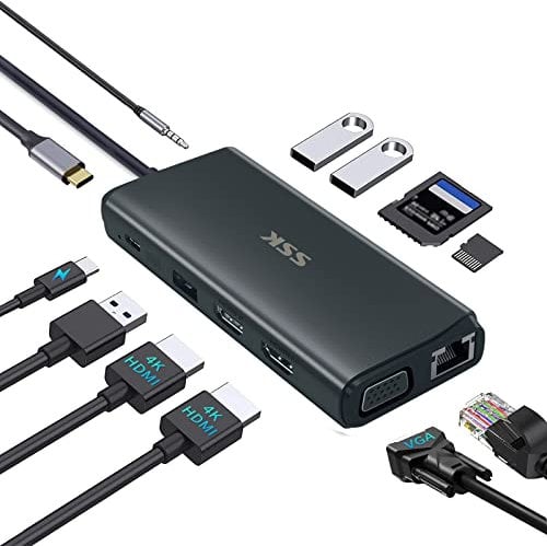 SSK Station d'accueil USB C, Triple écran 11 en 1 avec écran HDMI 4K 30 Hz, VGA, Ethernet, PD3.0, Lecteur de Carte SD TF, Adaptateur 3 USB pour MacBook Pro/Air (Thunderbolt 3)