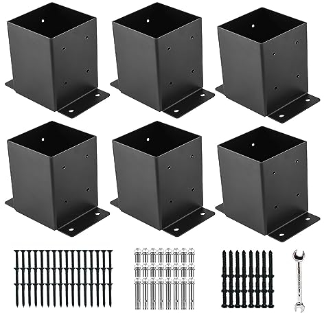 10.2x10.2 cm Pfostenhalterungen, Innengröße 9x9 cm, schwarz, pulverbeschichtet, schwer, dicker Stahl, Zaunpfostenanker für Deck, Veranda, Handlauf, Zaunplatte, Pergola-Unterstützung (6 Stück)