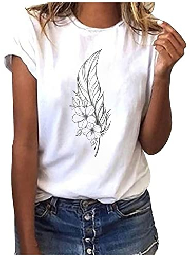EMATOP Bluse Damen Elegant Sommer Tshirt Baumwolle Casual Oberteile Lose Rundhals Longshirt Feder Druck Sommershirts Weich Bequem Kurzarm Tee Tops Lässig Mode Tunika Streetwear für Frauen